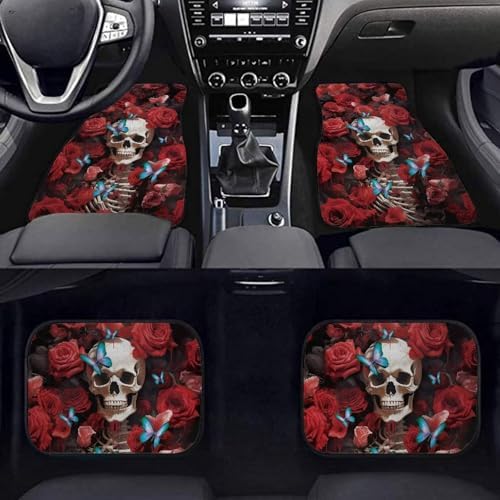 Red Rose Blue Butterfly Skeleton Print Funny Halloween Car Floor Mats 4 PCS, Cute Durable Interior Accessories for Car SUV, All Weather Floor Mats with Front Rear Trunk Liners Set for Party