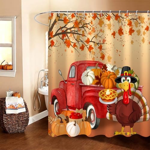 Thanksgiving Turkey Shower Curtain, Fall Autumn Harvest Pumpkins Sunflower Red Truck Maple Trees Thanksgiving Day Bathroom Curtain Waterproof Fabric Machine Washable with Hooks, 60" Wx72 L - Image 3