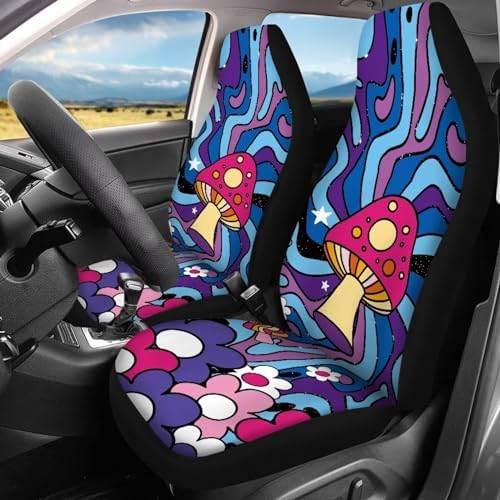 Trippy Mushroom Car Accessories Colorful Wavy Swirl Daisy Groovy Hippy Floral Print Car Front & Rear Seat Covers for Women 70s 80s Flower Aesthetic Auto Split Bench Protector Covers 4pcs