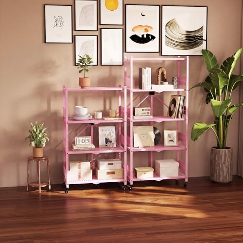 WORKPRO 5-Tier Folding Shelf, No-Assembly Metal Storage Rack with Wheels, 750 lbs Capacity (with Leveling Feet), Collapsible Shelving Unit for Kitchen, Pantry, Closet & Craft Shows - Pink - Image 2