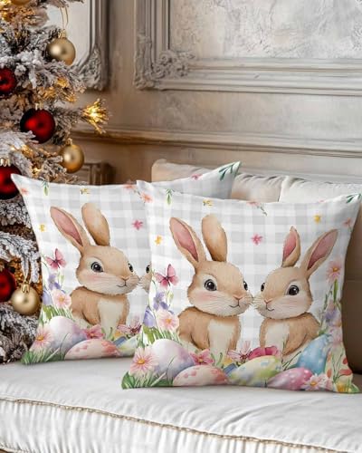 JasmineM Easter Cute Bunny Pillow Covers 18x18 inch Set of 2, Colored Egg Grey Plaid Decorations Outdoor Throw Pillow Covers, Cotton Linen Square Pillowcases for Sofa Couch Bedroom Patio Decorative - Image 2