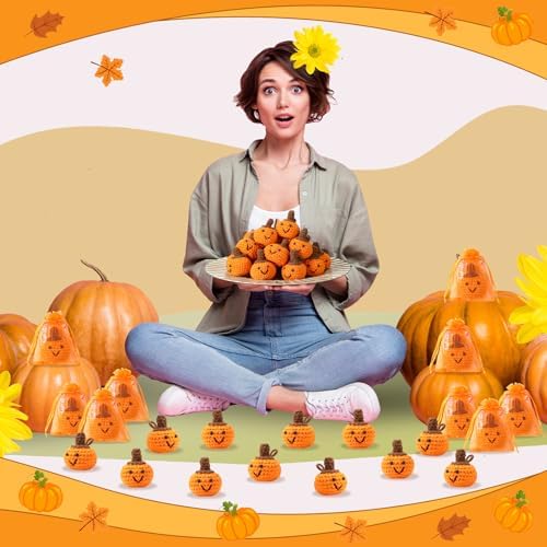 Shappy 15 Sets Thanksgiving Gifts Bulk Small Novelty Fall Pumpkins Crochet Gifts with Positive Cards Organza Bags for Fall Holiday Harvest Party Favors Home Table Decor - Image 6