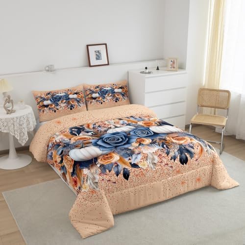 Homewish Fall Pumpkin Comforter Set Full Size Vintage Flower Leaves Bedding Set Colorful Boho Glitter Quilt Set Kids Girls Woman Adult Room Decor Rustic Farmhouse Botanical Duvet Insert,Orange 3Pcs - Image 2