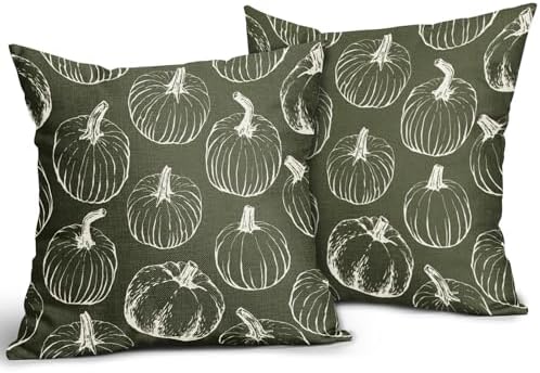 Olive Green Fall Pumpkin Pillow Covers 16x16 Set of 2 Autumn Themed Thanksgiving Cream Print Decorative Throw Pillows Outdoor PillowCase Farmhouse Linen Cushion Case Decor for Home Sofa Couch Bed - Image 2