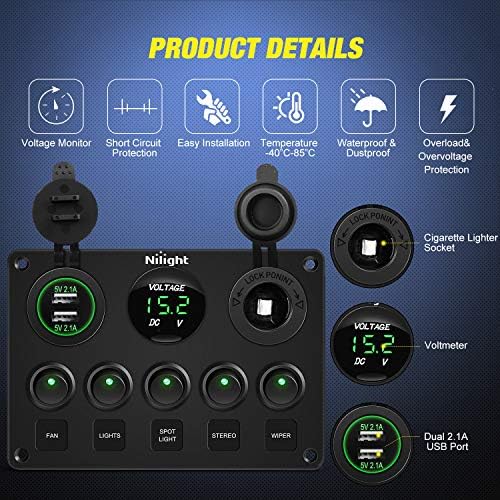 Nilight 5 Gang Multi-Function Rocker Switch Panel On Off Toggle Green