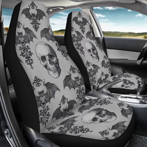 Bulopur Halloween Skull and Bat Car Seat Cover Set Soft Breathable Thin Automotive Front Seat Covers 2 Pack Non-Slip Easy Install Vehicle Cushion for High Back Seats, Universal Fit