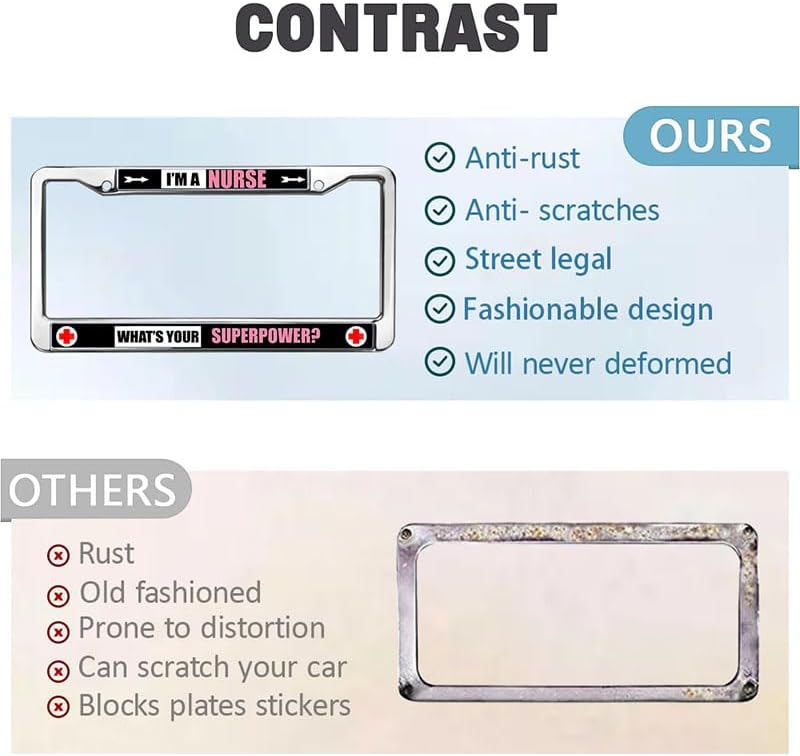 I'm a Nurse What's Your Superpower Black Car Chrome License Plate Frame Christ Cross Nurse Saying License Plate Frame for Women Wife Mom Bible Nurse Saying License Plate Frame for Women