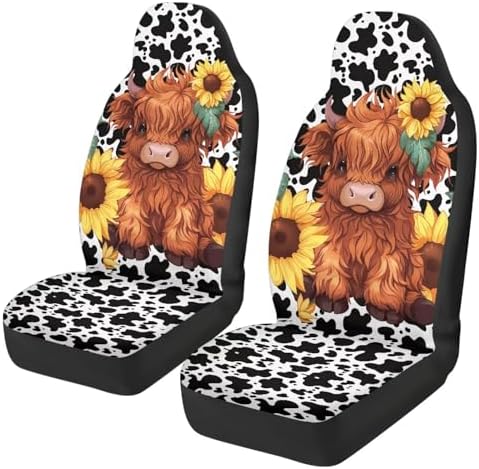 Car Seat Covers Universal Baby Highland Cow Print Front Car Seats Anti-Slip Back Fabric Protection Interior Accessories Universal Fit for Most Vehicle, 2 Pieces Set