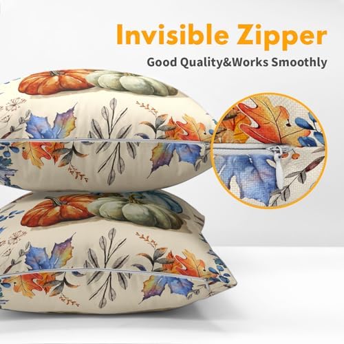 Fall Pumpkin Throw Pillow Covers 24x24 Set of 2 Thanksgiving Colorful Leaves Pillow Covers Orange Blue Pumpkin Watercolor Foliage Pillowcase for Kitchen Outdoor Couch Bedroom Living Room Decoration - Image 5