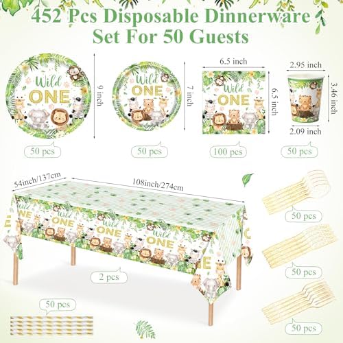 Funnymoom 452 Pcs Wild One Birthday Party Decorations for 50, Safari Jungle Wild One Paper Plates Napkins Cups Tablecloth Cutlery Straws for Boys Kids Woodland Themed First Birthday Party Supplies - Image 3