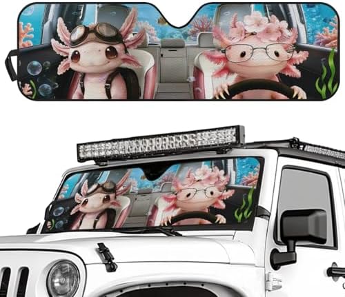 Renewold Car Sun Shade, Windshield Sunshade for Jeep Wrangler JK JKU JL JLU, Block Glare UV Heat Cover, Car Interior Funny Cute Pink Axolotl, Accessories Sun Visor Shield Fit for Jeep Gladiator JT