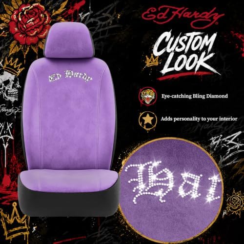 ED HARDY Car Seat Covers, Purple Soft Short Plush & Silver Diamond Graphic