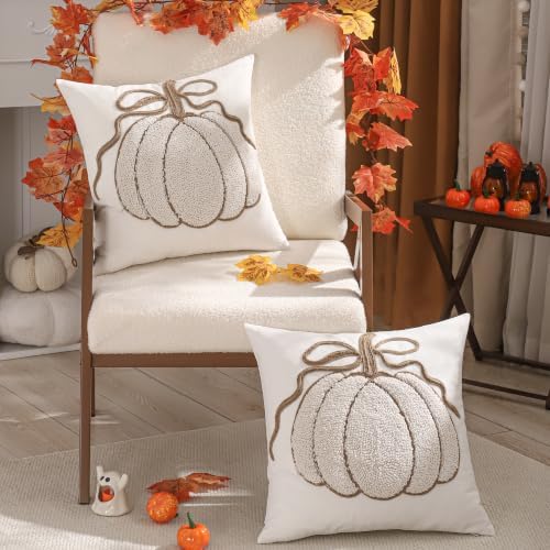 Fall Pillow Covers 18x18 Set of 2 Halloween Decor Beige Pumpkin - Image 6