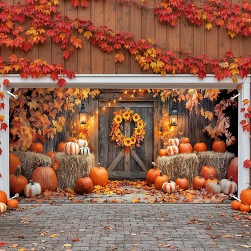Fall Thanksgiving Garage Door Cover 16x7ft 2 Car Pumpkin Hay Bale Decor - Image 7