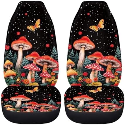 2 Pcs Red Flower Butterfly Mushroom Car Seat Covers Universal Fit Mushroom Car Accessories,Cottagecore Mushrooms Auto Seat Cushion for Women Non Slip Durable Driver Car Seat Protection