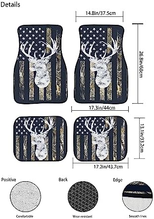 Camo Deer Car Floor Mats Set of 4,USA Camo Buck Deer Hunting American Flag Vehicle Front Rear Carpets Mats Universal Car Floor Rugs Non-Slip Auto Car Decor Accessories for Car SUV Van Truck