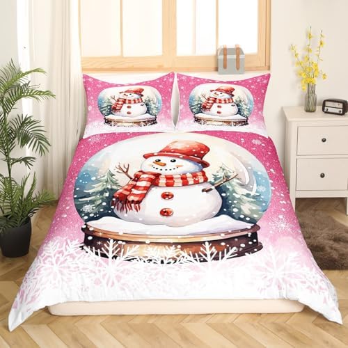 Cute Snowman Kids Duvet Cover Set King Size,Merry Christmas Happy New Year Bedding Set,Girls Boys Adults Room Decor,Snowflake Pine Trees Xmas Comforter Cover,Pink Romantic Quilt Cover,2 Pillowcases - Image 2