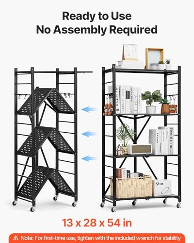 VEVOR 4-Tier Foldable Storage Shelf, 28W x 13D x 54H Inch Folding Metal Rack Shelving Unit, No Assembly Organizer Shelf with 5 Wheels & 4 Hooks for Pantry, Kitchen, Garage, Basement, Black - Image 3