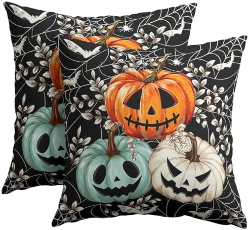 Halloween Pumpkin Throw Pillow Covers 20x20 Set of 2 Black Spider Web Bat - Image 2