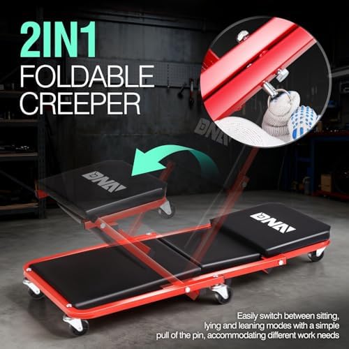 ‎DNA MOTORING TOOLS-00184 36 Inches 2 IN 1 Rolling Folding Car Creeper/Seat, 6 Pcs 2" Casters, 150kg Weight Capacity, Red - Image 2
