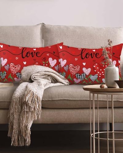 Valentines Day Heart Floral Pillow Covers 12x20 Inch Set of 2, Love Flower Field Decorations Outdoor Throw Pillow Covers, Holiday Linen Square Pillowcases for Sofa Couch Bedroom Patio Decorative - Image 2