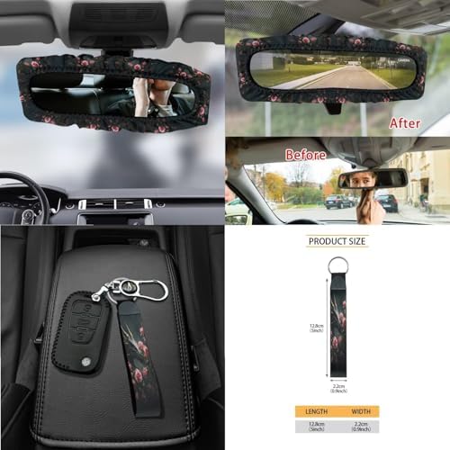 Cool Dragon Roses Print 15Pcs Car Seat Cover Full Set Car Steering Wheel Cover Seat Belt Cover Trash Bin Air Vent Storage Box Front Rear View Mirror Car Cup Holder Keychain