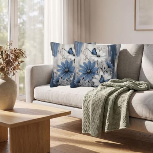 Summer Blue Grey Floral Butterfly Throw Pillow Covers 16x16 Set of 2 - Image 6