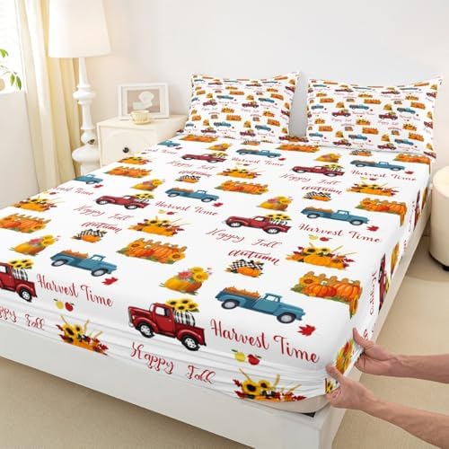 Happy Fall Bedding Set For Kids Queen Plaid Pumpkin Truck Bed Sheets Thanksgiving Harvest Season Sheet Set Autumn Sunflower Harvest Time Fitted Sheet Red Blue Orange Flat Sheet + 2 Pillow Cases - Image 6
