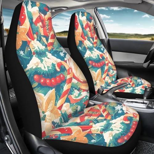 Christmas 2 Pcs Set Car Seat Covers, Cartoon Christmas Tree Seat Covers for Cars Winter Snowflake, Xmas Crutch Candy Decor Universal Seat Cover for Sedan, SUV, Truck
