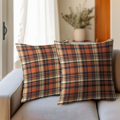 Fall Orange Plaid Throw Pillow Covers 24x24 Set of 2 Autumn Tartan Gingham - Image 4