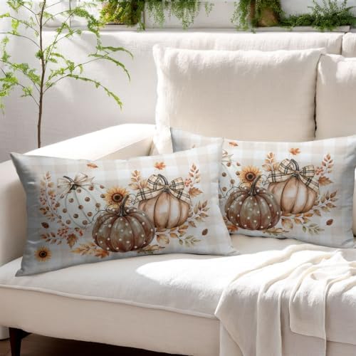 Fall Thanksgiving Pillow Covers 12x20 Set of 2 Autumn Pumpkin Maple Leaves Dot Floral Outdoor Throw Pillows Covers Orange Cream Plaid Bow Decorative Farmhouse Cushion Case for Room Couch Sofa - Image 3