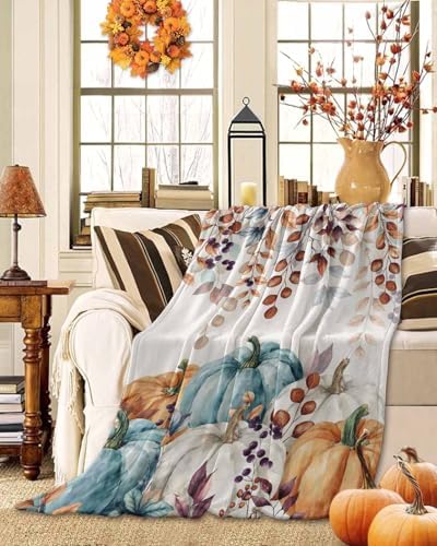 DecorLovee Orange Blue Pumpkins Fall Blanket 40"x60", Reversible Thanksgiving Throw Blanket for Couch/Bed, Vintage Maple Leaf Lightweight Soft Throw Blanket for Boys, Warm Fuzzy Blankets for Winter - Image 2