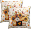 Autumn Sunflowers Vase Throw Pillow Covers 22X22 Inches Set of 2 Fall Thankful Pumpkin Maple Leaves Pillowcase Soft Cotton Square Cushion Covers for Home Sofa Patio Bedroom Decoration by Sweetshow