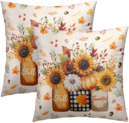 Autumn Sunflowers Vase Throw Pillow Covers 22X22 Inches Set of 2 Fall Thankful Pumpkin Maple Leaves Pillowcase Soft Cotton Square Cushion Covers for Home Sofa Patio Bedroom Decoration by Sweetshow