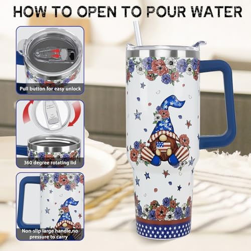 4th of July Tumbler with Handle 40 oz Gnomes Stars Flags Coffee Travel Mug Stainless Steel Poppy Flower Insulated Cups Independence Day Memorial Day Decor Gifts - Image 6
