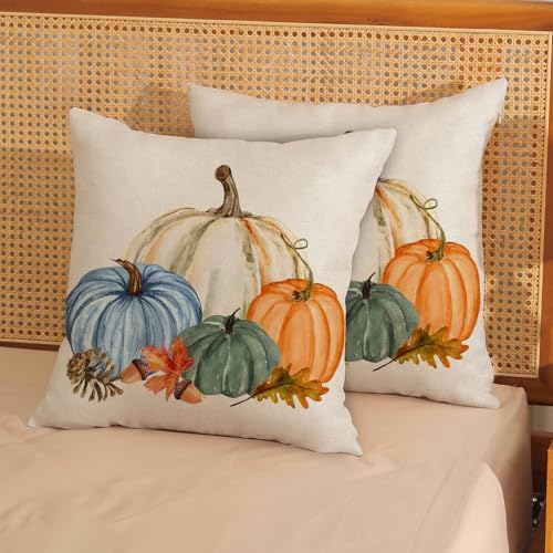 Fall Pillow Covers 18x18 Set of 2 Watercolor White Orange Blue Green Pumpkin Pillow Cases Outdoor Fall Decoration Throw Pillows Holiday Autumn Thanksgiving Cushion Case for Couch Home Decor - Image 3