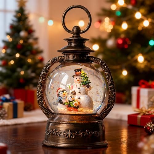 Christmas Snow Globe Lantern Water Glittering Snowman & Penguins with Music & Timer, USB Lined/Battery Operated Lighted Lantern for Christmas Festival Decoration Gifts - Image 6