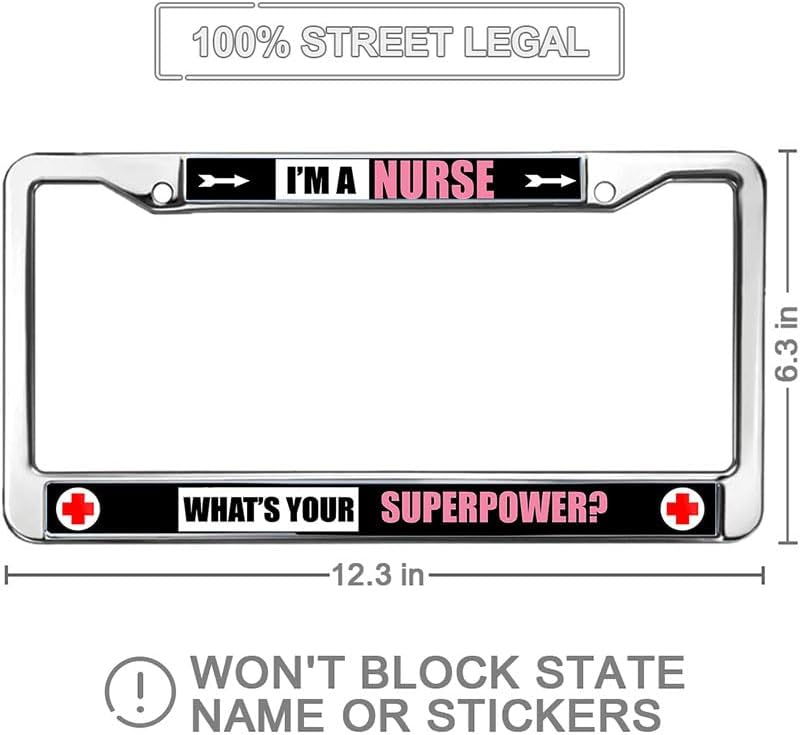 I'm a Nurse What's Your Superpower Black Car Chrome License Plate Frame Christ Cross Nurse Saying License Plate Frame for Women Wife Mom Bible Nurse Saying License Plate Frame for Women