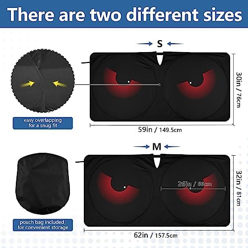 Scary Evil Red Eyes Windshield Sun Shade, Car Sunshade for Auto Truck SUV, Sun Shield that Keeps Your Vehicle Cool, Foldable, Storage Bag (62 x 32 in)