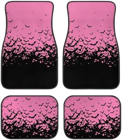 Pink Black Bat Print Funny Halloween Car Floor Mats 4 PCS, Cute Durable Interior Accessories for Car SUV, All Weather Floor Mats with Front Rear Trunk Liners Set for Party