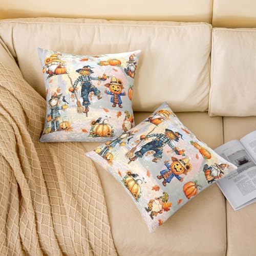 Fall Pumpkin 2 Pack Pillow Covers 16"x16",Rustic Farmhouse Autumn Harvest Pillowcase Double Sides Print Cushion Case,Thanksgiving Scarecrow Sunflower Maple Leaves Throw Pillow Covers - Image 2