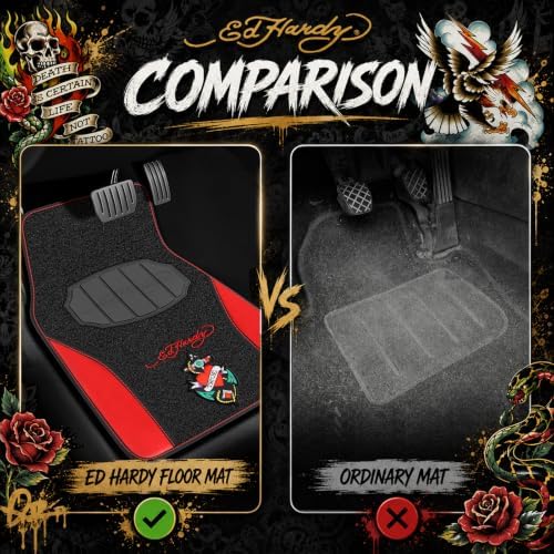 ED HARDY Heart Print Car Floor Mats, Carpet Floor Mats with Red Leather Design, Automotive Car Mats with Built-in Heel Pad & Anti-Slip Backing, Fits Most Cars, SUVs & Trucks, Durable & Odorless
