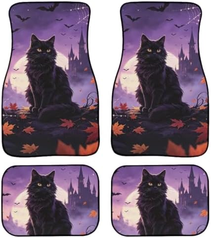 Halloween Car Floor Mat Set,Universal Fit Protection Heavy Duty Castle Moon Heel Pad Car Mats Black Cat Car Floor Front and Rear 2 Rows Set 4 Piece