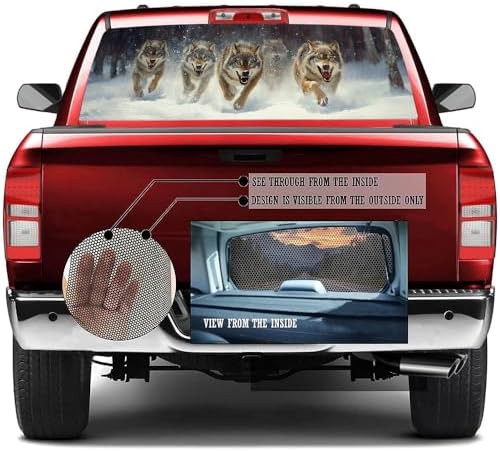 Watercolor Running Wolf Rear Window Decals for Trucks, Nature Animal Forest Snow Rustic Window Decal Back Window Tint Graphic Perforated Vinyl Pickup Truck Stickers 66 x 22 inch