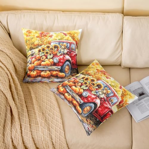 Pack of 2 Fall Thanksgiving Day Pillow Covers 18"x18",Rustic Pumpkin Maple Leaves Sunflower Autumn Double Sides Print Cushion Covers,Retro Red Truck Farmhouse Harvest Square Pillow Covers - Image 2