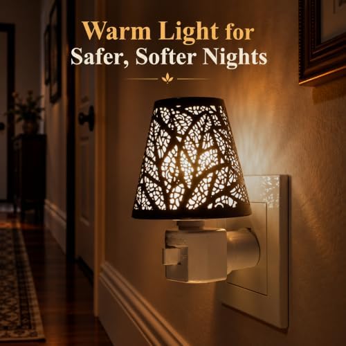 2 Pack Plug In Night Lights, Leaf Cutout Shades, 2700K Warm White E12 Bulbs - Image 6