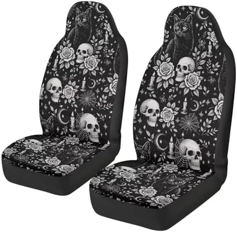 Bulopur Halloween Car Seat Covers Set Non-Slip Breathable 2 Piece Car Seat Covers Front Seats Only Universal Vehicle Accessories for Halloween Decor, Black Cat Skull