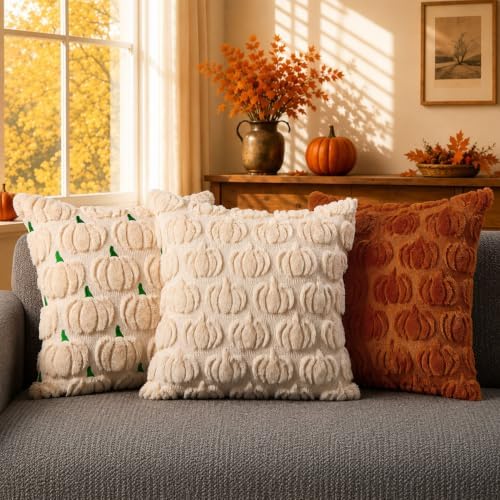 DFXSZ Fall Pillow Covers 22x22 2Pcs Beige Pumpkin Fall Decorations for Home - Image 3