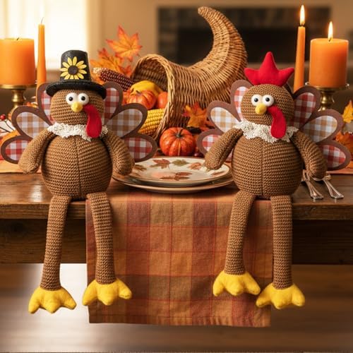 Thanksgiving Decorations Set of 2 Turkeys with Dangling Legs, Turkey Couple Doll Plush Kit Tabletop Centerpieces for Fall Harvest Home Decor Kitchen Shelf - Image 7