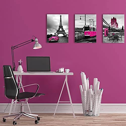sunfrower Hot Pink Paris Canvas Wall Art Prints Bathroom Bedroom Decor Eiffel Tower Cityscape Posters for Girls Room Decorations Lover Tele Booth Bus Car Street Painting Picture Artworks 12×16" 3 Pcs - Image 4